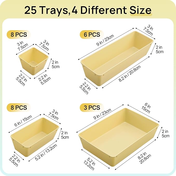 Vtopmart 25 Pack Plastic Drawer Organizers with Non-slip Rubber Pads | 4-Size Versatile Makeup Organizer, Storage Containers Small Bins for Makeup, Jewelries, Bedroom, Kitchen Utensils and Office