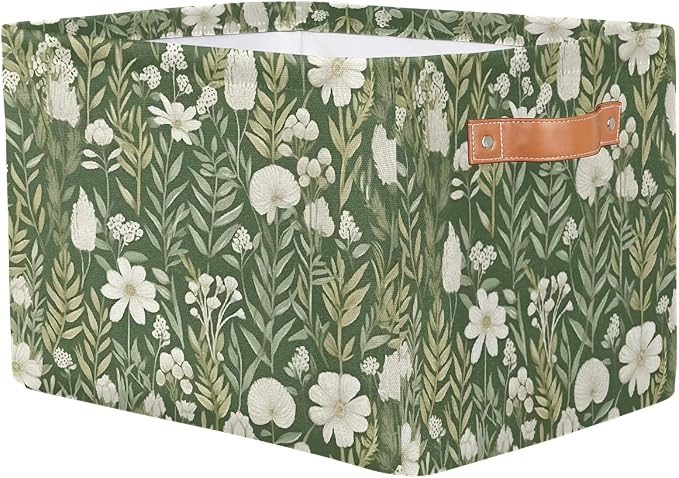 White Flower Green Leaf Rectangular Storage Bin Collapsible Storage Basket Organizer Boxes with Leather Handle Storage Cube for Shelves Toy Laundry Nursery 1 PC