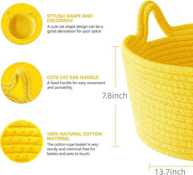 Large Cat Ears Toy Organizer, Woven Cotton Rope Basket, Decorative Nursery Bins & Boxes Gift Basket Empty for Baby Pet Toy Storage