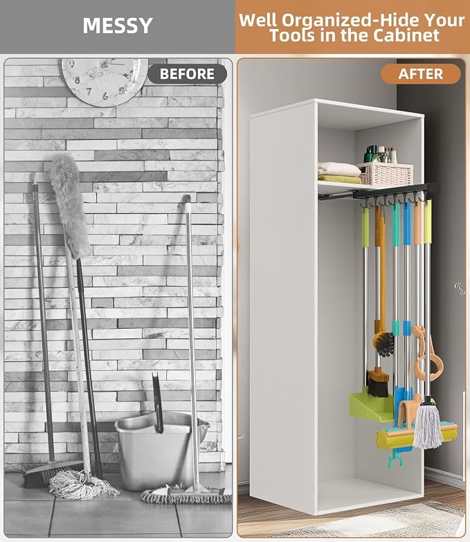 Pull Out Broom Holder With Adjustable Double Row Sliding Hook-Black 16.14in | High Load Capacity, Multifunctional Slide Broom And Mop Storage/Garage Organization Hooks, for Closet Laundry, kitchens