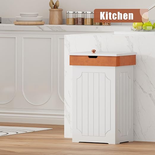 Function Home Trash Can Cabinet, 13 Gallon Kitchen Garbage Can, Wood Recycling Trash Bin, Freestanding Dog Proof Trash Can, Farmhouse Trash Cabinet with Lid for Home Kitchen Bathroom, White
