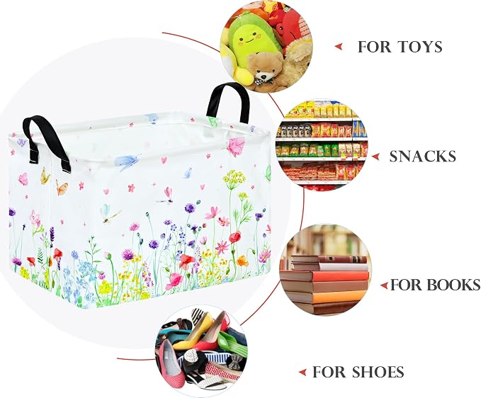 Baby Storage Basket Nursery Box Laundry Hamper Organization Bins for Toys and Clothes with Handles (Blue Flower)