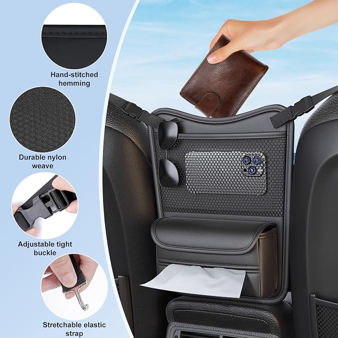 Car Organizer Storage Between Seats, Nappa Leather Headrest Hanging Storage Bag Pocket Purse Holder Snack Holder Automotive Console Organizer for Travel, Driving