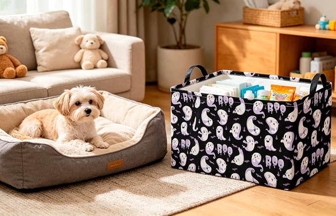 CLOCOR Rectangular Storage Basket,Waterproof Books Box with Handles,Gift Basket(UU Ghost Halloween)