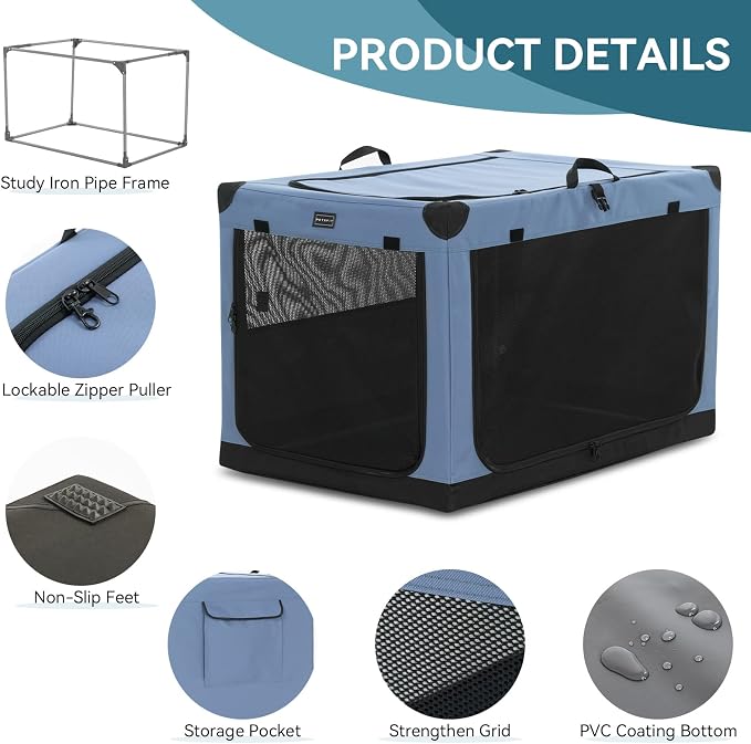 PETSFIT 30" Soft Portable Dog Crate – Patented Spiral Sturdy Frame, Collapsible Travel Kennel for Medium Dogs, 3 Mesh Door, Lockable Zippers, Indoor & Car Use Blue