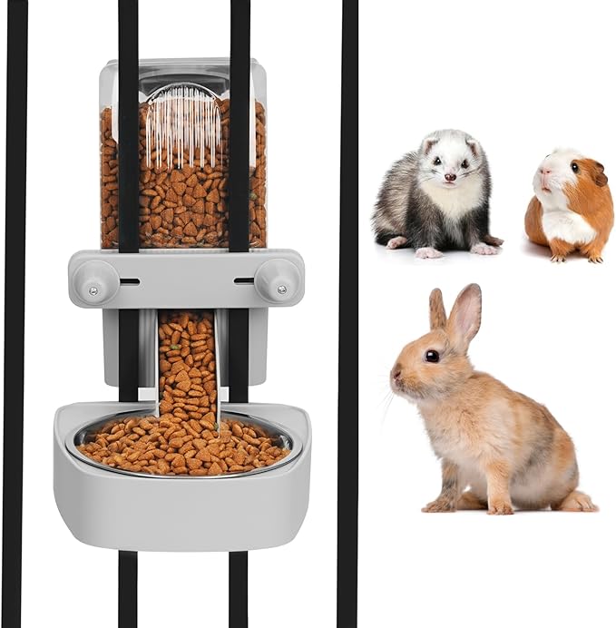 Kenond 55oz Hanging Automatic Rabbit Feeder, 1.6L Large Capacity Gravity Food Dispenser with Stainless Steel Bowl,for Dog, Cat, Ferret & Medium-Small Animals,Fits Widemouth Cages& Wire Cages & Crates