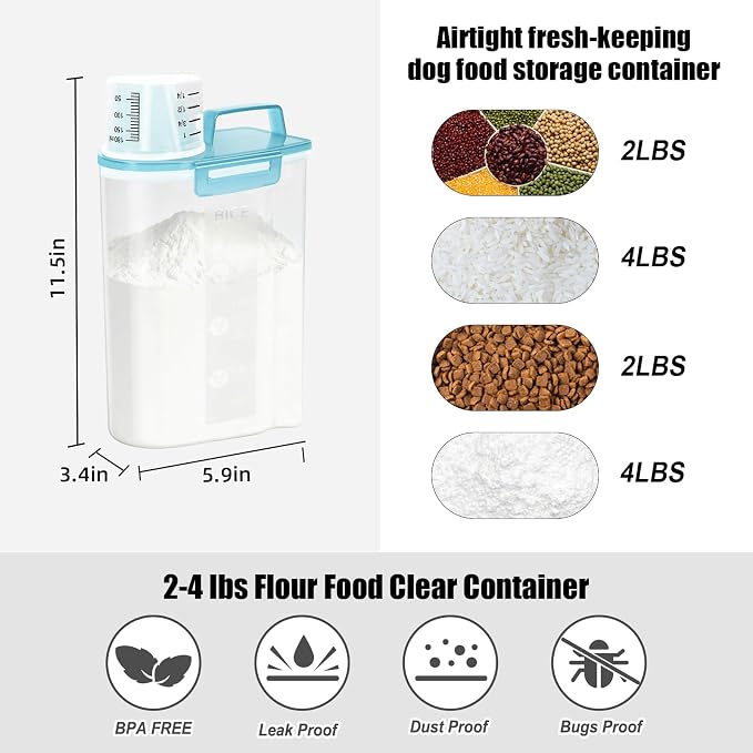 LEAWALK Airtight 4 LBS Rice/Cereal/Dry Food Storage Container BPA Free, 2.11Qt Clear Plastic Kitchen and Pantry Organization Bin Suitable for Oats, Flour, Sugar, Pasta, Pet Food, etc (Clear Blue)