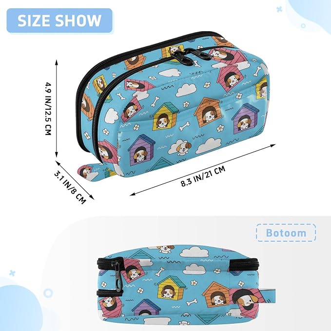 Cute Pets Puppy Blue print Large Capacity Pencil Case with Zipper Water Resistant Portable Organizer Pen Bag for Students Office School