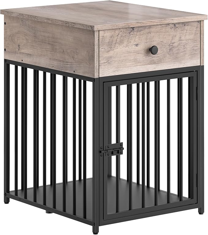 HOOBRO Dog Crate Furniture, Wooden Dog House, Decorative Dog Kennel with Drawer, Indoor Pet Crate End Table for Small Dog, Steel-Tube Puppy Cage, Chew-Proof, Greige BG01GW03