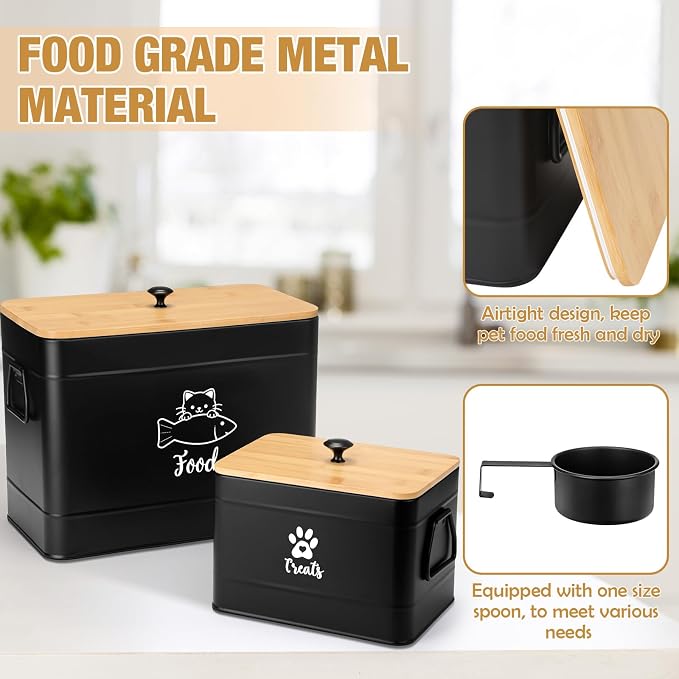 Reallnaive 2 Pcs Large Metal Cat Food Storage Containers 12+3.5 Lbs Decorative Pet Treat Snack Jars Airtight Bamboo Lids & Dry Food Scoop for Farmhouse Kitchen Counter Decor, Pet Owner Gifts(Black)