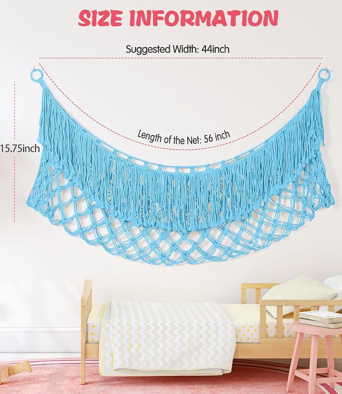 Stuffed Animal Hammock - Extra Large 56'' Long (Blue) | Premium Cotton Hand-knitted, Beautiful Long Tassel, Storage Hanging Organizer, Can Fit Stuffed Animals 30 Piece or More