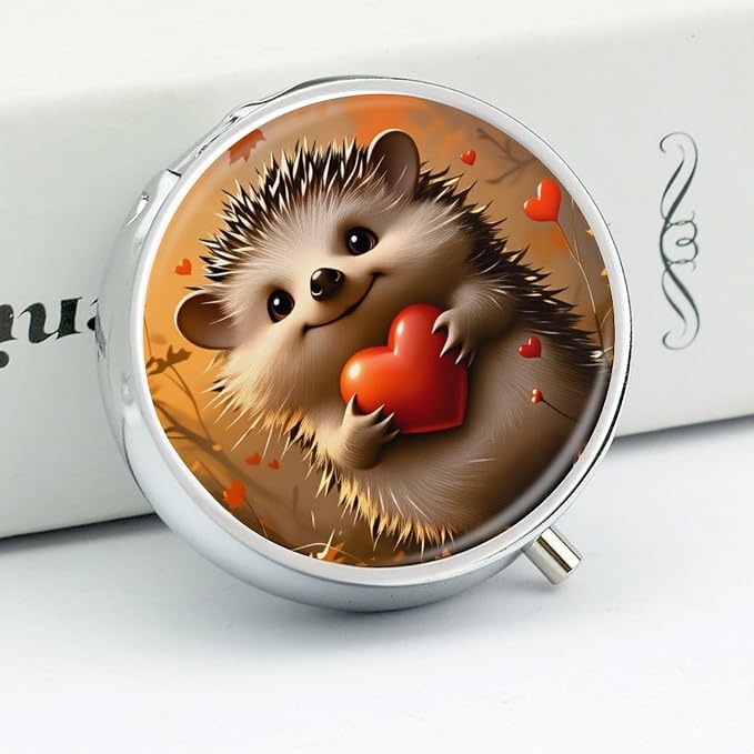 Hedgehog Heart Autumn Metal Round Pill Box, 3 Compartment Travel Organizer, Portable Pill Container with Secure Latch, 2 Inch Circular Vitamin Caddy for Pills and Vitamins, Gift for Him Her Elderly