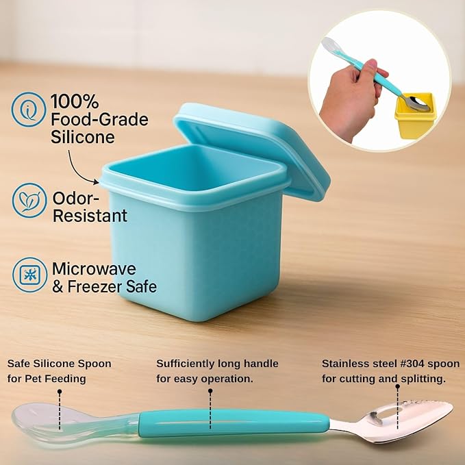 2ME Cat and Dog Food Storage Containers with Lids, 6-Pack 100% Silicone 4oz Each, with Dual-Ended Scoop – Keeps Wet Can Food Fresh, Odor-Resistant,Freezer, Microwave & Dishwasher Safe