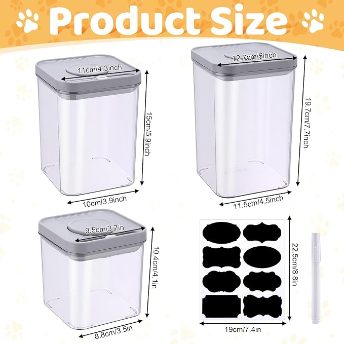 4 Pcs Plastic Dog Treat Container Airtight Lids Dog Food Storage | Sticker Marker and Sort, Reusable Cat Food Cookie Jar, Pet Treat Organizer Set, Outdoor Travel Training & Home Use, 3 Sizes