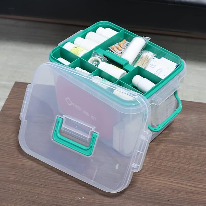 Vababa Clear First Aid Box, Plastic Storage Container with Locking Lid | Secure Locking Latch Lid, Removable Divided Tray, Top Carry Handle, Ideal For Medicine, Bandages, First Aid Supplies Storage