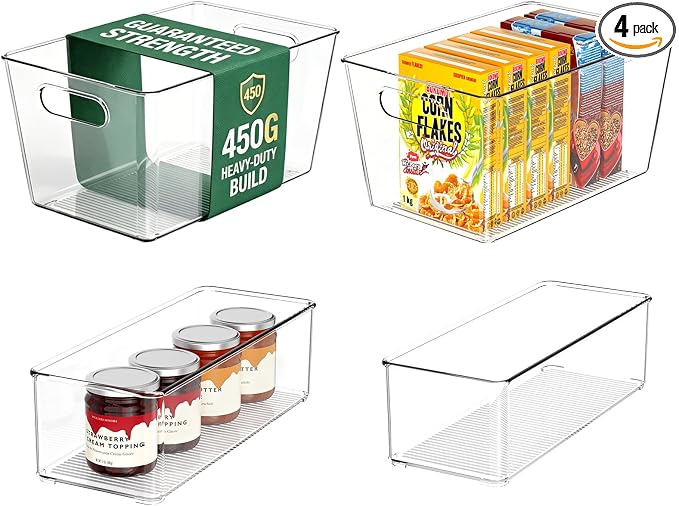 Set of 4 Pantry Organizers and Storage, Clear Plastic Bins(2L+2S) | BPA-free PETG storage containers with handles, Ideal for kitchen, fridge, bathroom, cabinet, office, and garage organization