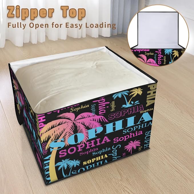 Custom Comforters Storage Basket with Lid, Personalized Name Large Organizer Bin for Children Toys, Books, Clothes, Perfect for Rooms/Playroom, Pink Blue Yellow Tropical Trees Names Black Background