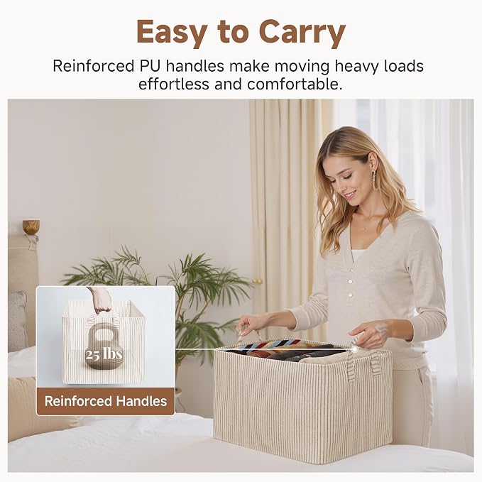 StorageWorks Fabric Storage Bins, Khaki and Beige Stripes, 2-Pack | With Reinforced Handles, Metal Frame, Sturdy Structure, Collapsible, for Closet, Shelves, Holds Clothes, Towels, Blankets