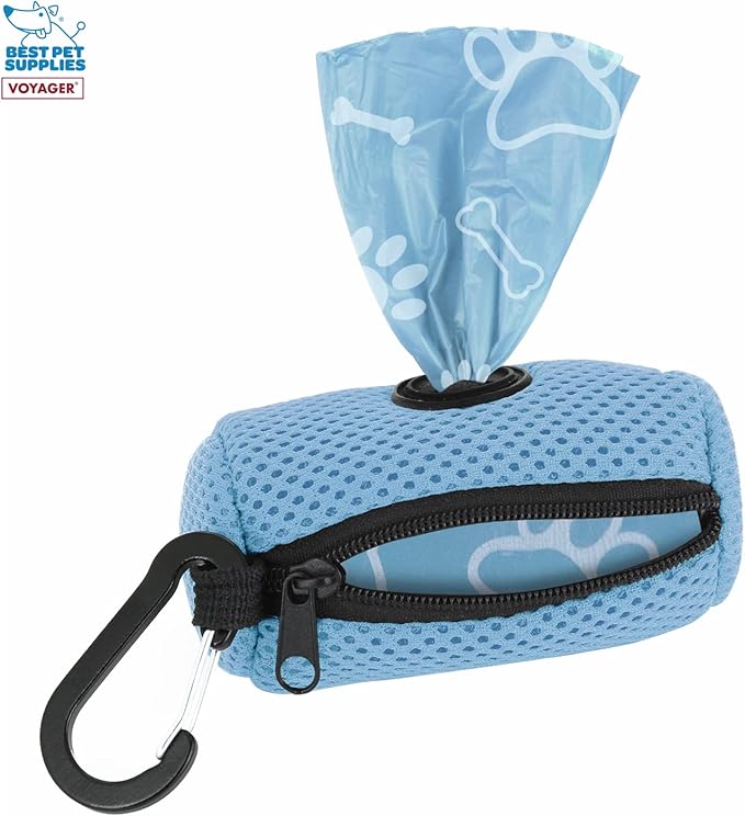 Best Pet Supplies Dog Poop Bag Holder Leash Attachment with Reusable Dispenser for Travel, Walking, Park, and Outdoor Use, Durable with Clip-On - Baby Blue, Mesh Dispenser w/15 Bags
