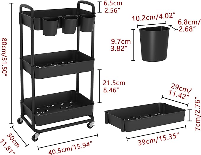 3-Tier Plastic Rolling Storage Cart Utility Cart Black | Utility Cart with Extra Hanging Cups Arc-Shaped Handles Lockable Wheels for Living Room Bathroom Kitchen Office