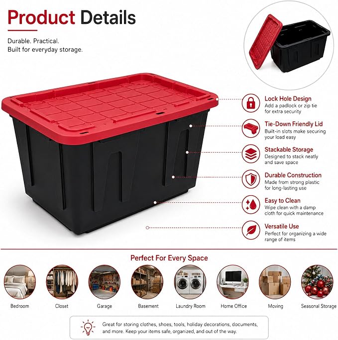 27 Gallon Storage Bins with Lids, Heavy Duty Plastic Stackable Totes, 3-Pk | High-impact polypropylene construction resists dents and stains. Features lockable lid channels and integrated grip handles.