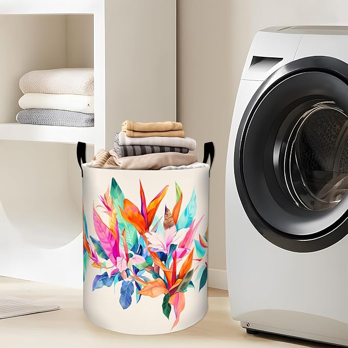 Bright Tropical Leaf Laundry Basket with Handles, 19.7"x15.7" Clothes Foldable Rainbow Colors Leaf Laundry Hamper Organizer for Dorm Nursery Bedroom Bathroom Decor, Toy Storage Bin for Kids