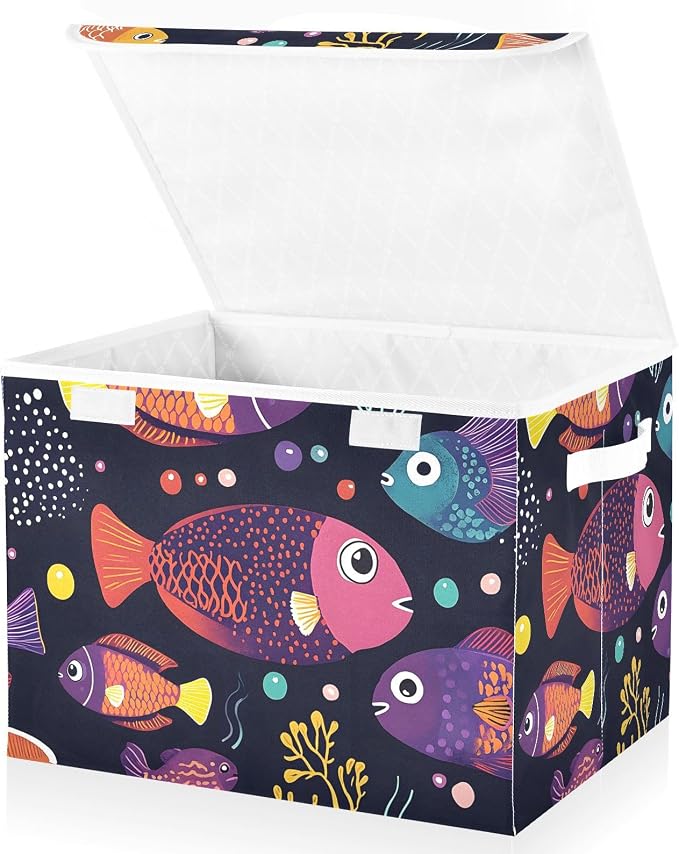 Fish Ocean Storage Bins with Lids Closet Bedroom 40L Storage Basket | Decorative Storage Boxes, Foldable & Stackable, Dust-Proof Flip Top, Reinforced Handles, For Home & Dorm, Clothes & Toy Box