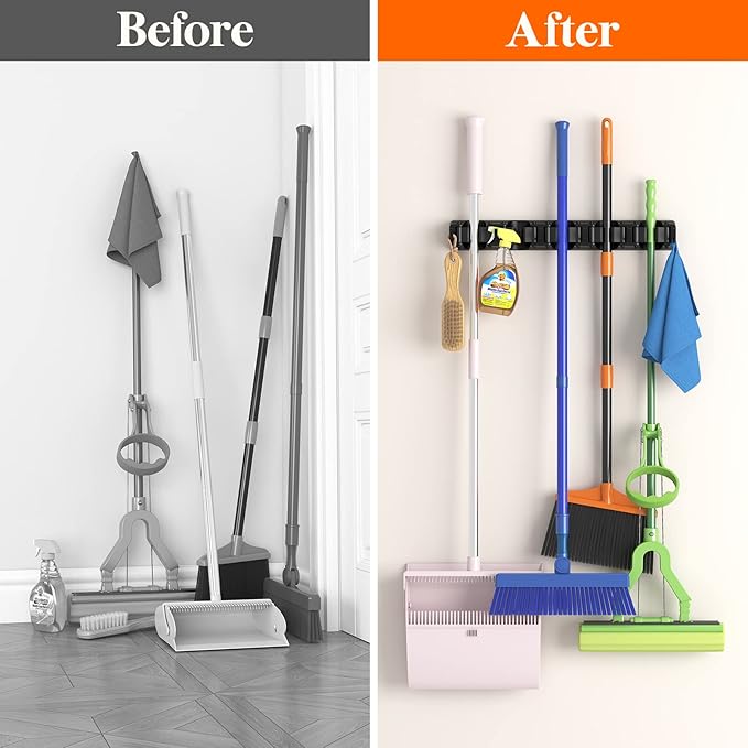Lifewit Mop and Broom Holder Organizer Wall Hanging Mount, Black, 2 Pack | Anti-Slip Broom Storage for Cleaning Organizer, Easy Install Tool Hanging Rack with 5 slots & 6 hooks for Kitchen, Garage