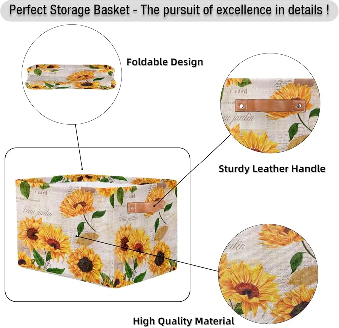 Storage Basket Flower Floral Sunflower, Large Foldable Organizer Storage Bins for Shelves, Sturdy Canvas Cubes Storage Boxes with Handles for Toys Closet Nursery Office Living Room 15" x 11" x 9.5"