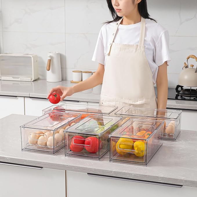 3.7QT Refrigerator Fridge Organizers Storage Bin with Pull-out Drawer,2 Pcs | Plastic Fridge Organizers and Storage with Handle, Stackable Fruit Vegetable Storage Containers for Kitchen Bathroom Pantry