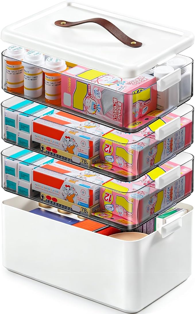 Homaigie Extra Tall 4-Tier Medicine Cabinet Organizer for Medicine Bottles Organizer, Portable Medicine Storage Box with Leather Handle, Empty First Aid Kit Container for Home, Classroom