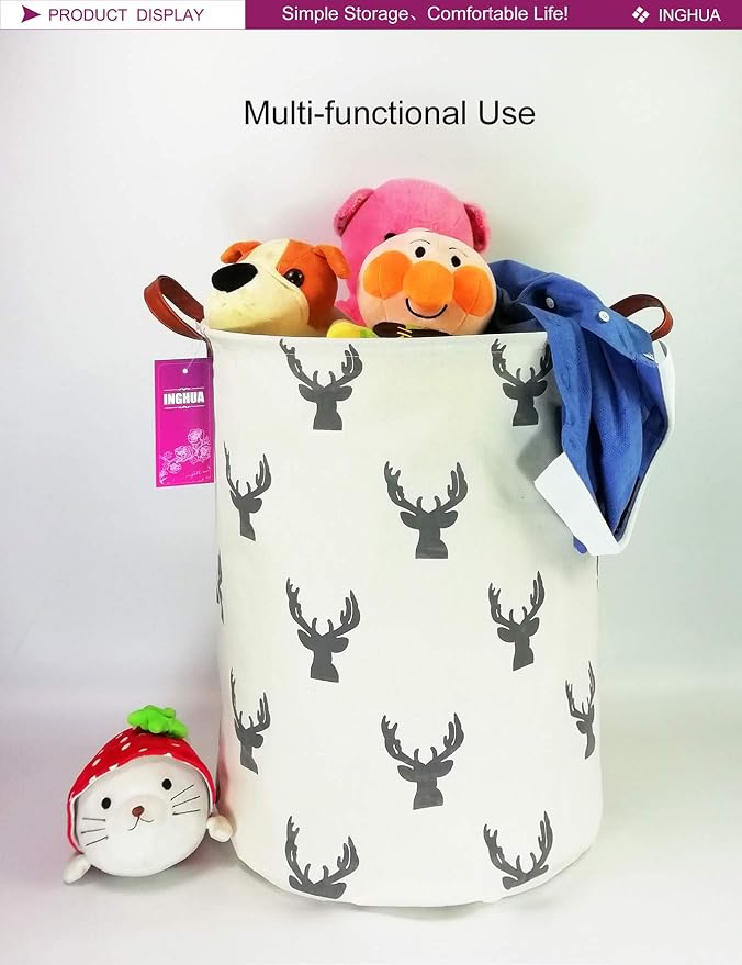 Laundry Hamper Large Canvas Fabric Storage Basket Grey deer | Organizer Bin Dirty Clothes Collapsible Waterproof for College Dorms, Boys and Girls Bedroom,Bathroom
