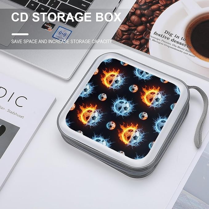 Heavy-Duty DVD Holder Binder Water Fire Flame Football Soccer Ball Sport, 40-Disc Capacity Hard Plastic Case, Portable Storage Wallet for Music Movies