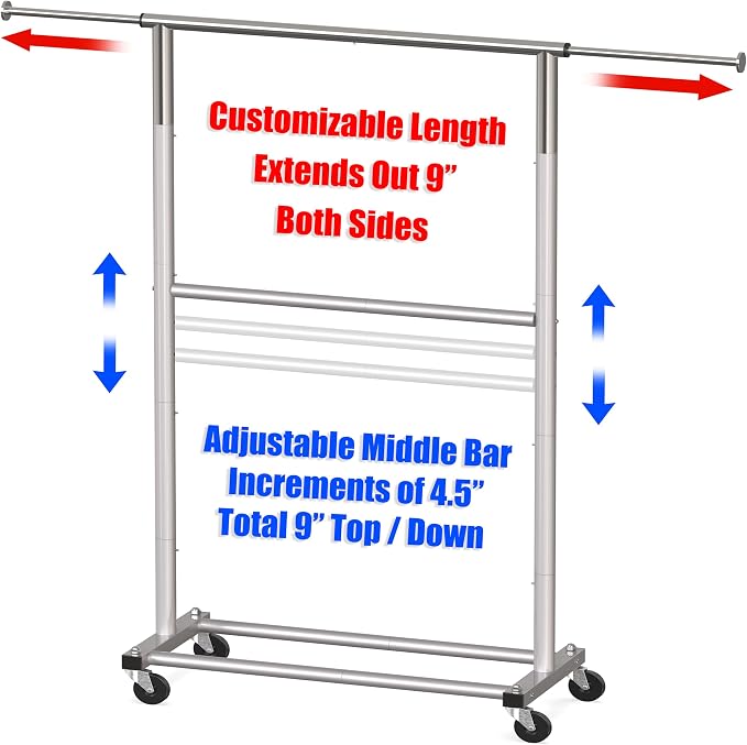 Simple Houseware Double Rod Adjustable Clothing Garment Rack, Grey | Extendable Width from 30 to 48 Inches