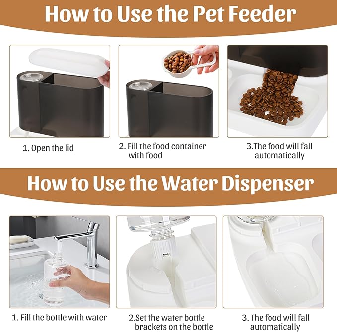 Automatic Pet Feeder and Water Dispenser Set, 2 in 1 Gravity Cat Dog Auto Food and Water Bowl Set for Small Dogs Puppy Cats Pets (Black&White)