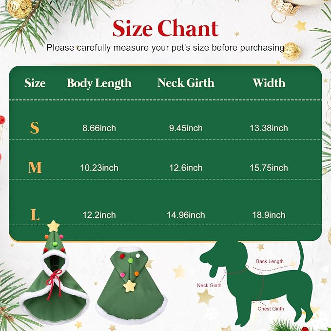 Cat Christmas Cape with Velvet Stars Hat, Small Dog Soft Thick Xmas Cloak, Pets Christmas Costume Dogs Cats Santa Claus Outfits for Goose, L