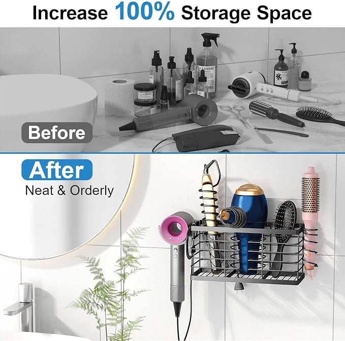 2026 Upgraded 3-in-1 Universal Hair Tool Organizer, XL Size, Black | Adjustable Height Metal Hair Dryer Holder, Wall Mounted, Over Cabinet Door, Countertop, Bathroom Storage