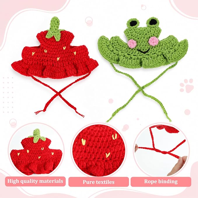 2Pcs Crochet Cat Hats Knit Cat Hat Strawberry and Frog Hat (Red, Green) | Cute Knit Cat, Soft, With adjustable cord, Handmade Crochet Cats Clothes, for Puppy Kitten, Christmas Party Costume Accessory