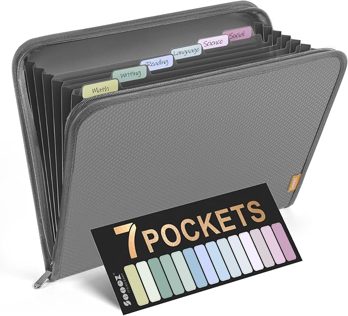 Sooez 7 Pockets Accordion File Organizer, Zipper Expanding File Folder A4 | Reinforced Plastic Accordion Folder Organizer, A4 Letter Size, Portable Folders for Documents, School Office Supplies, Grey