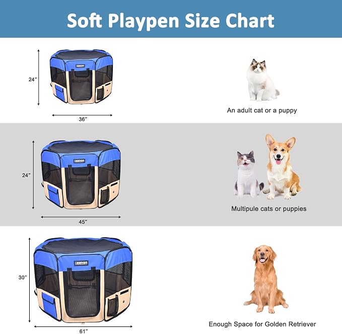 Jespet Soft Dog Playpen, Portable Pet Exercise Pen Kennel with Carry Bag | 2-Door, Easy to Fold, Ground Stakes, Zipper Locks, Large Storage Pocket, Washable Top Mesh Cover & Bottom Cover
