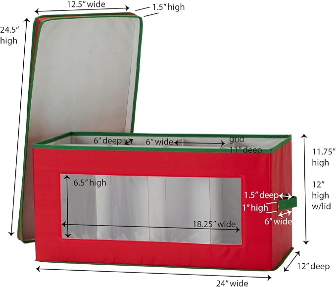 Household Essentials Holiday Figurine Storage Box, Windowed Storage with Lid, 8 Storage Compartments, Double Handles, Red with Green Trim