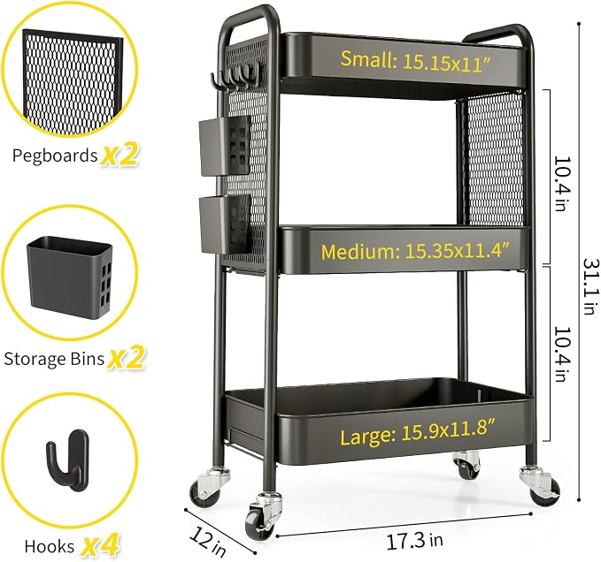TOOLF 3 Tier Rolling Cart, Metal Utility Storage Cart with Pegboard, Black | 2 Bins & 4 Hooks, Screwless Assembly, Lockable Wheels, Trolley Organizer for Bathroom, Kitchen, Office, Dorm, Craft Room