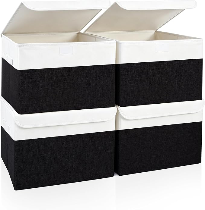 Large 22 Quart Linen Fabric Foldable Storage Bin Cube Organizer Basket with Flip-Top Lid & Handles, Clothes Blanket Box for Home, Office, Closet, Black & White, 4 Pack 14.6 x 9.5 x 9.5