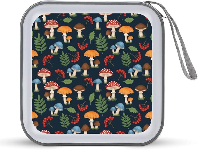 Hard Plastic Protective CD Case Mushroom Art, 40-Disc Capacity Storage Binder with Zipper, Portable Organizer for Home Office