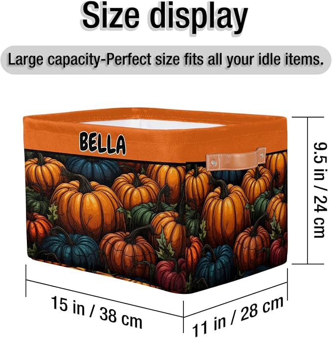 Personalized Foldable Spring Floral Storage Basket with Name for Boys, Laundry Hamper Dirty Clothes Pet Toys Storage Bin with Handles for Shelf Home Closet, Halloween Colorful Pumpkins