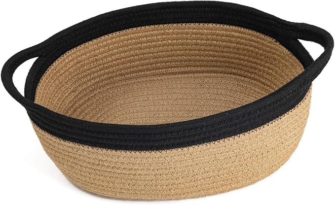 Goodpick Small Woven Rope Gift Basket Empty, 12" x 8" x 5", Jute and Black | Baby Basket for Baby Showers Toys, Fits Living Room Nursery Bedroom Organization, Dog Toy Storage, with Durable Handles