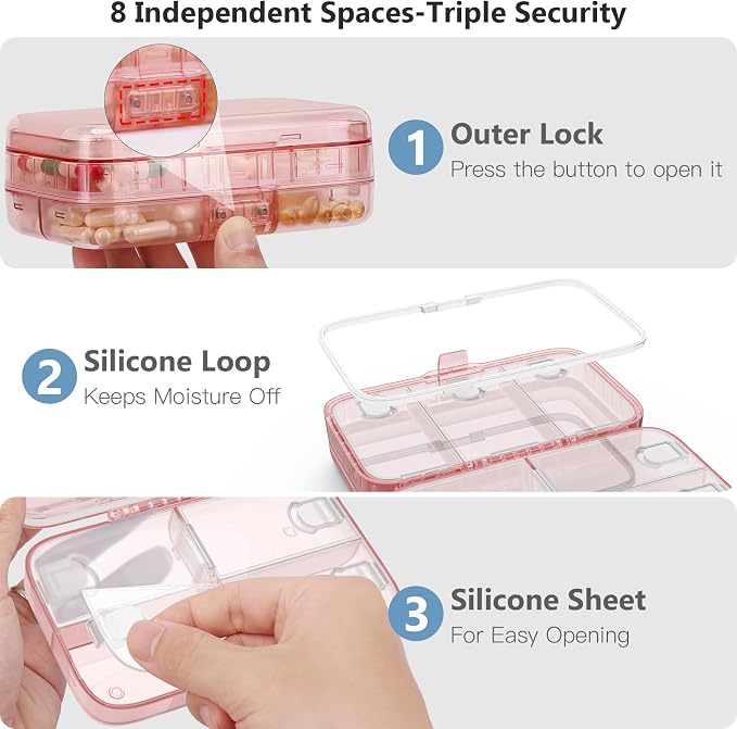FYY Travel Pill Organizer, Large Weekly Medicine Pill Organizer-Pink | Airtight Moistureproof Medicine Case, Easy to Use, 8 Compartment Pill Box for Vitamins, Fish Oil, Supplements, Mini First Aid