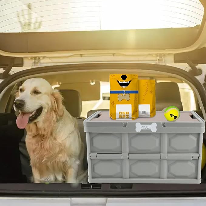 Outdoor Dog Toy Bin wtih Handles,Collapsible Dog Stuff Organizer Portable,Pet Storage Basket with Wood Cover for Dog Toys/Snack/Camping Essentials,Ideal for Car Trunk,RV Trip,Picnic-Gray