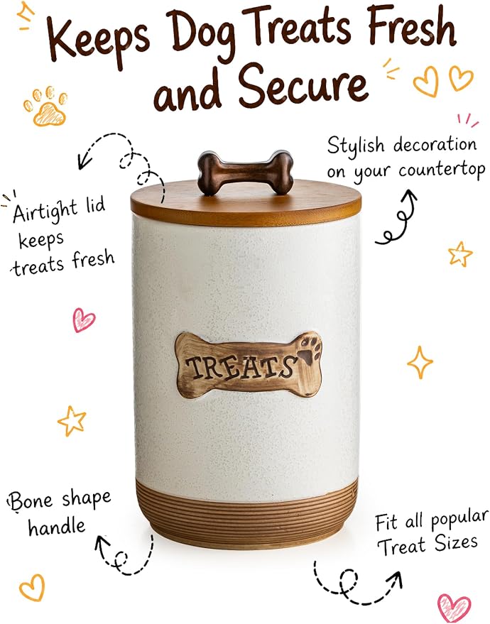 Miamolo Airtight Dog Treat Container, Dog Treat Jar with Lid for Countertop | Ceramic, Cast-iron Handle | Dog Food Storage, Training Pet Treats Canister Farmhouse Gift for Dog Lovers, Bone Glinting White