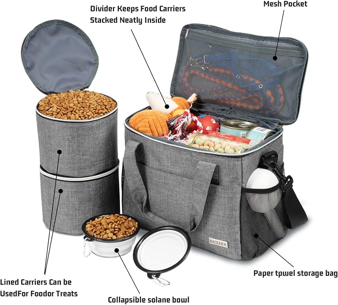 BAGLHER Dog Travel Bag Backpack Pet Supplies Backpack Pet Accessories Storage Bag 5-Piece Set With Shoulder Strap 2 Lined Pet Food Containers 4 Foldable Feeding Bowls Essential Kit for Pet travel